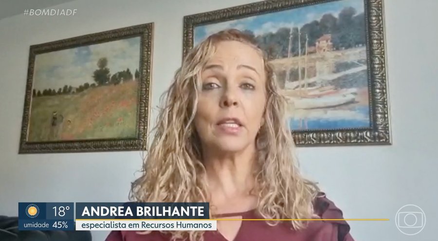 Andrea Brilhante em entrevista ao Bom Dia DF, da Globo, como especialista em Recursos Humanos